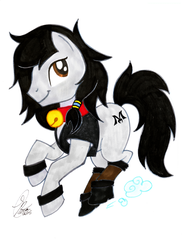 Size: 2436x3347 | Tagged: safe, artist:kanthara, oc, oc only, oc:double m, earth pony, pony, bell, bell collar, boots, clothes, collar, crossdressing, earth pony oc, eyelashes, femboy, hair bangs, hair beads, high res, male, pony oc, pose, solo, stallion, stallion oc, traditional art, vest