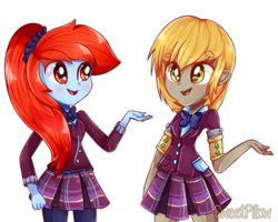 Size: 1024x818 | Tagged: safe, artist:vixelzf, oc, oc only, oc:beryl, oc:frostfire, equestria girls, g4, clothes, commission, crystal prep academy, crystal prep academy uniform, crystal prep shadowbolts, duo, equestria girls-ified, open mouth, pantyhose, pleated skirt, school uniform, simple background, skirt, white background