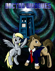 Size: 3757x4863 | Tagged: safe, artist:penspark, derpy hooves, doctor whooves, time turner, earth pony, pegasus, pony, g4, clothes, doctor who, female, male, mare, necktie, ship:doctorderpy, shipping, space, stallion, stars, straight, suit, tardis, the doctor, time travel