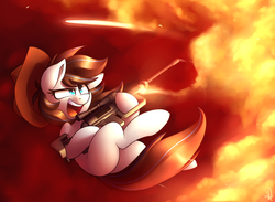 Size: 3000x2200 | Tagged: safe, artist:shinodage, oc, oc only, oc:breezy, earth pony, pony, badass, blank flank, excited, explosion, female, fire, gun, hat, high res, mare, open mouth, rifle, smiling, solo, weapon