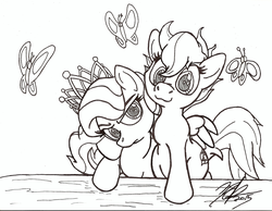 Size: 2189x1700 | Tagged: safe, artist:artponymdp, diamond tiara, scootaloo, butterfly, g4, hug, monochrome