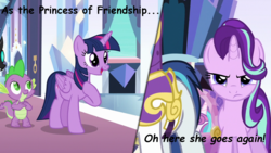 Size: 1280x720 | Tagged: safe, edit, edited screencap, screencap, princess flurry heart, shining armor, spike, starlight glimmer, twilight sparkle, alicorn, pony, g4, the times they are a changeling, annoyed, caption, princess of friendship, twilight sparkle (alicorn)