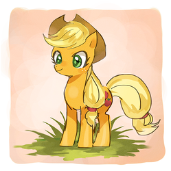 Size: 602x604 | Tagged: safe, artist:kanyoko, applejack, g4, cute, female, grass, jackabetes, simple background, solo