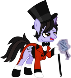 Size: 1158x1272 | Tagged: safe, artist:lightningbolt, derpibooru exclusive, pony, unicorn, g4, .svg available, a fever you can't sweat out, brendon urie, cane, clothes, eyeliner, femboy, gloves, glowing horn, hair over one eye, hat, horn, i write sins not tragedies, magic, makeup, male, microphone, panic! at the disco, ponified, shoes, show accurate, simple background, smug, socks, solo, stallion, suit, svg, telekinesis, top hat, transparent background, vector