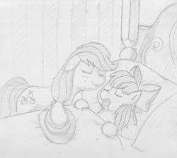 Size: 3684x3306 | Tagged: safe, artist:periodicbrony, apple bloom, applejack, g4, bed, drool, eyes closed, high res, monochrome, open mouth, sisters, sleeping, snoring, traditional art