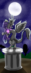 Size: 1200x2747 | Tagged: safe, artist:ninetail-fox, discord, screwball, draconequus, earth pony, pony, g4, based on song and pmv, crying, daddy discord, hat, hug, petrification, propeller hat, smiling, statue, stone