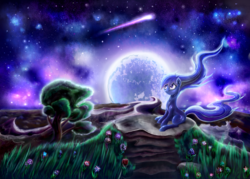 Size: 1024x734 | Tagged: safe, artist:gremlinkun, oc, oc only, comet, moon, night, solo, tree