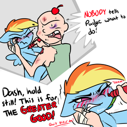 Size: 1200x1200 | Tagged: safe, artist:captainpudgemuffin, rainbow dash, oc, oc:captainpudgemuffin, human, pegasus, pony, g4, angry, bandage, bite mark, black eye, blood, blushing, cheek fluff, cherry, chest fluff, dialogue, eyes closed, face doodle, female, floppy ears, food, gap teeth, gritted teeth, human male, injured, male, mare, marker, no pupils, one eye closed, wavy mouth