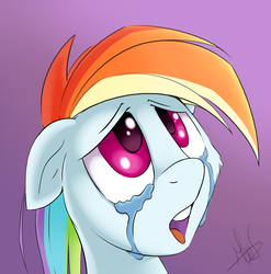 Size: 2389x2421 | Tagged: safe, artist:sea-maas, rainbow dash, g4, bust, crying, female, floppy ears, gradient background, high res, looking up, open mouth, portrait, sad, simple background, solo, teary eyes