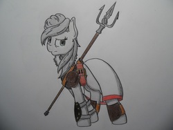Size: 1024x768 | Tagged: safe, artist:jredhead, earth pony, pony, clothes, colored pencil drawing, divinity: original sin, female, madora, mare, ponified, solo, traditional art, trident, video game