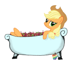 Size: 631x534 | Tagged: safe, applejack, earth pony, pony, g4, apple, bath, female, food, looking at you, simple background, solo, that pony sure does love apples, transparent background, zap apple