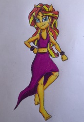 Size: 1998x2898 | Tagged: safe, artist:bozzerkazooers, sunset shimmer, equestria girls, g4, barefoot, belly button, clothes, eqg giants, feet, female, midriff, ponied up, skirt, solo, tank top, traditional art