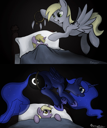 Size: 1024x1227 | Tagged: safe, artist:tetrapony, derpy hooves, dinky hooves, princess luna, alicorn, pegasus, pony, unicorn, g4, :o, bed, black background, blanket, butt, butt squish, caught, cute, daaaaaaaaaaaw, dark, derpabetes, dinkabetes, dream walker luna, dreamcatcher, equestria's best mother, ethereal mane, featured image, female, filly, flowing mane, flying, food, frown, hanging, hnnng, literal, lunabetes, mare, moonbutt, muffin, oops my bad, open mouth, pillow, plot, scared, shocked, signature, simple background, spread wings, stuck, sweet dreams fuel, the ass was fat, the ass was too fat, trapped, wide eyes, wings, wrong eye color