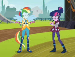 Size: 677x517 | Tagged: safe, edit, edited screencap, screencap, rainbow dash, sci-twi, twilight sparkle, equestria girls, g4, my little pony equestria girls: friendship games, animated, female, gif, magic capture device, motocross outfit, ponied up, reversed