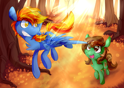 Size: 2800x2000 | Tagged: safe, artist:nekosnicker, oc, oc only, oc:ember blitz, oc:fauna, earth pony, pegasus, pony, duo, forest, high res