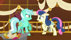 Size: 1920x1080 | Tagged: safe, screencap, bon bon, lyra heartstrings, sweetie drops, earth pony, pony, g4, slice of life (episode), 1080p, grappling hook, lyra is not amused, rope, secret agent sweetie drops, watch, worried