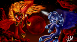 Size: 1756x964 | Tagged: safe, artist:stainedglasslighthea, nightmare star, princess celestia, princess luna, alicorn, pony, g4, crying, duo, flying, mane of fire, role reversal, royal sisters