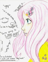 Size: 2550x3300 | Tagged: safe, artist:distant-devian, fluttershy, human, g4, female, humanized, quote, solo