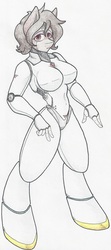 Size: 2511x5671 | Tagged: safe, artist:flicker-show, oc, oc only, oc:variety heart, cyborg, anthro, unguligrade anthro, breasts, female, looking at you, solo, traditional art