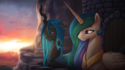 Size: 2160x1215 | Tagged: safe, artist:starblaze25, princess celestia, queen chrysalis, alicorn, changeling, changeling queen, pony, g4, a change of heart, balcony, castle, female, mare, ship:chryslestia