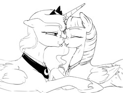Size: 1280x970 | Tagged: safe, artist:silfoe, princess luna, twilight sparkle, alicorn, pony, other royal book, royal sketchbook, g4, :p, bedroom eyes, black and white, boop, cute, eyes closed, female, floppy ears, grayscale, lesbian, mare, monochrome, nose wrinkle, noseboop, prone, ship:twiluna, shipping, simple background, sketch, smiling, tongue out, twilight sparkle (alicorn), white background