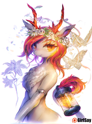 Size: 1181x1600 | Tagged: safe, artist:girlsay, oc, oc only, butterfly, dracony, hybrid, flower, lamp, patreon, patreon logo, solo