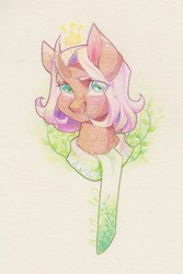 Size: 853x1280 | Tagged: safe, artist:cassiel, oc, oc only, pony, unicorn, bust, clothes, crown, curved horn, horn, jewelry, portrait, regalia, scarf, solo, traditional art