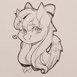 Size: 1280x1279 | Tagged: safe, artist:cassiel, oc, oc only, alicorn, pony, alicorn oc, bust, heart, horn, lineart, monochrome, portrait, signature, smiling, solo, traditional art, wings