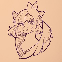 Size: 1280x1280 | Tagged: safe, artist:cassiel, oc, oc only, pegasus, pony, bust, hair bow, monochrome, portrait, smiling, solo, traditional art