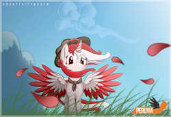 Size: 4286x2945 | Tagged: safe, artist:creativitybox18, oc, oc only, oc:princess peruvia, alicorn, pony, alicorn oc, cloud, colored wings, colored wingtips, cute, flower, flower in hair, grass, hat, looking at you, mountain, petals, sky, smiling, solo, spread wings, windswept mane