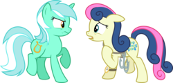 Size: 13347x6400 | Tagged: safe, artist:parclytaxel, bon bon, lyra heartstrings, sweetie drops, earth pony, pony, unicorn, g4, slice of life (episode), .svg available, absurd resolution, argument, female, lyra is not amused, mare, secret agent sweetie drops, simple background, transparent background, vector, watch, worried