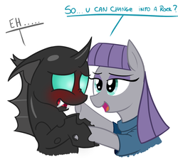 Size: 1600x1456 | Tagged: dead source, safe, artist:radek1212, maud pie, thorax, changeling, earth pony, pony, g4, the times they are a changeling, blushing, clothes, crack shipping, dialogue, female, looking at each other, mare, maudrax, nose wrinkle, open mouth, out of character, rock, rock shipping, scaroused, shipping, simple background, smiling, that pony sure does love rocks, this will end in snu snu, white background