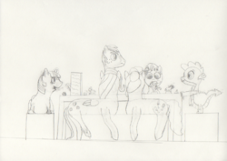 Size: 2000x1412 | Tagged: safe, artist:meanlucario, big macintosh, discord, fluttershy, pinkie pie, spike, sweetie belle, twilight sparkle, earth pony, pony, g4, dice, dungeons and dragons, male, monochrome, newbie artist training grounds, ogres and oubliettes, quill, stallion, tabletop game, traditional art