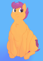 Size: 1193x1697 | Tagged: safe, artist:lupin quill, scootaloo, pegasus, pony, g4, belly button, chest fluff, fat, female, filly, flabby chest, older, older scootaloo, scootalard, simple background, smiling, solo
