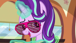 Size: 1920x1090 | Tagged: safe, edit, edited screencap, screencap, starlight glimmer, totally legit recap, g4, the times they are a changeling, female, magic, shutter shades, solo, sunglasses, telekinesis, youtube link