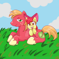 Size: 1024x1024 | Tagged: safe, artist:yoshimarsart, apple bloom, big macintosh, earth pony, pony, g4, male, open mouth, stallion, watermark