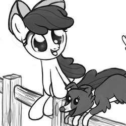 Size: 800x800 | Tagged: safe, artist:nimaru, apple bloom, winona, dog, pony, g4, cute, fence, grayscale, monochrome