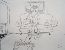 Size: 728x563 | Tagged: safe, artist:littlelooney, button mash, earth pony, g4, colt, controller, couch, foal, gaming, hat, male, monochrome, propeller hat, solo, television, tongue out, traditional art