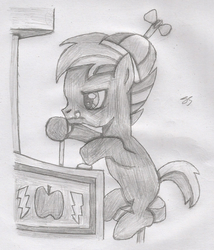 Size: 1464x1712 | Tagged: safe, artist:perplexedpegasus, button mash, earth pony, g4, arcade, colt, foal, gaming, hat, male, monochrome, pencil drawing, propeller hat, solo, tongue out, traditional art