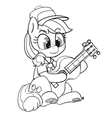 Size: 1280x1438 | Tagged: safe, artist:pabbley, applejack, g4, 30 minute art challenge, cap, cute, female, filly, filly applejack, hat, jackabetes, monochrome, solo, underhoof