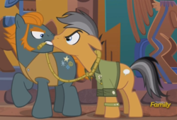 Size: 533x363 | Tagged: safe, screencap, quibble pants, rogue (g4), earth pony, pony, g4, stranger than fan fiction, henchmen, male, mouth hold, out of context, rope, stallion, stockholm syndrome