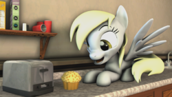 Size: 3840x2160 | Tagged: safe, artist:nightblader, derpy hooves, pegasus, pony, g4, 3d, counter, female, food, happy, high res, kitchen, mare, muffin, poster, sink, solo, source filmmaker, toaster