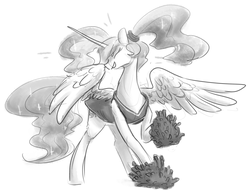 Size: 1235x939 | Tagged: safe, artist:nobody, princess celestia, g4, alternate hairstyle, cheerleader, clothes, cute, cutelestia, dress, female, monochrome, pigtails, pom pom, solo, spread wings