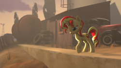 Size: 1024x576 | Tagged: safe, artist:oc1024, sunset shimmer, pony, unicorn, g4, 3d, building, female, sad, shadow, solo, source filmmaker, tank (container), truck, windmill