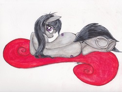 Size: 2227x1672 | Tagged: safe, artist:scribblepwn3, octavia melody, earth pony, pony, g4, both cutie marks, female, looking back, on side, pen drawing, solo, traditional art, underhoof, watercolor painting