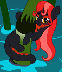 Size: 1832x2130 | Tagged: safe, artist:badumsquish, derpibooru exclusive, oc, oc only, oc:mave, alp-luachra, original species, g4, bedroom eyes, blushing, dripping, female, flirting, looking at you, plant, pond, red and black oc, seductive, smiling, smirk, tail hold, water, wet