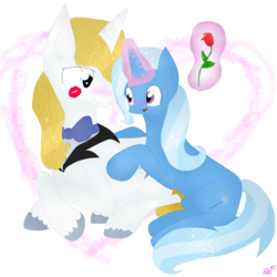 Size: 2834x2834 | Tagged: safe, artist:flutter-rays, prince blueblood, trixie, pony, unicorn, g4, female, glowing horn, high res, horn, kiss mark, magic, male, mare, ship:bluetrix, shipping, simple background, stallion, straight, telekinesis, transparent background