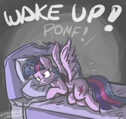 Size: 2400x2263 | Tagged: safe, artist:flutterthrash, twilight sparkle, alicorn, pony, g4, angry, bed, female, high res, mare, morning wing, morning wood, newbie artist training grounds, pomf, song in the comments, twilight sparkle (alicorn), wingboner