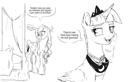 Size: 5100x3300 | Tagged: safe, artist:silfoe, princess luna, twilight sparkle, alicorn, pony, other royal book, royal sketchbook, g4, accessory theft, black and white, crown, dialogue, female, grayscale, jewelry, lesbian, mare, monochrome, regalia, ship:twiluna, shipping, simple background, sketch, speech bubble, twilight sparkle (alicorn), wet mane, white background