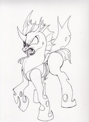 Size: 1692x2338 | Tagged: safe, artist:scribblepwn3, thorax, changeling, g4, the times they are a changeling, hissing, male, monochrome, pen drawing, solo, traditional art